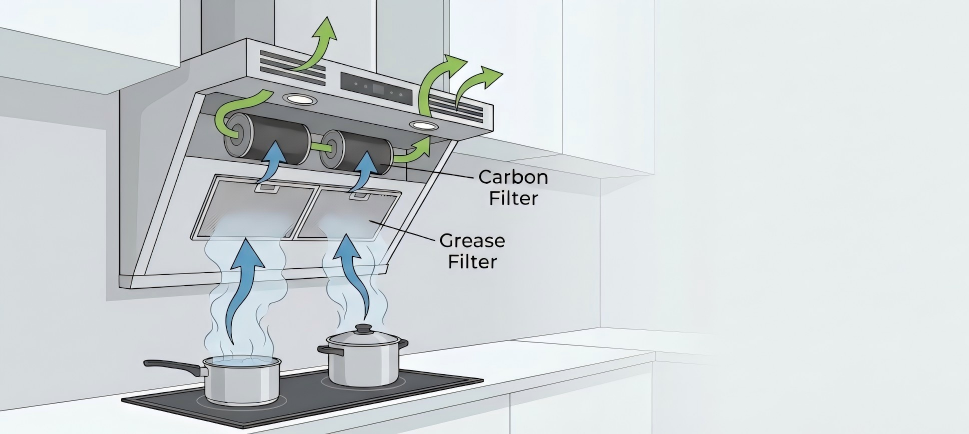 How does a ductless range hood work