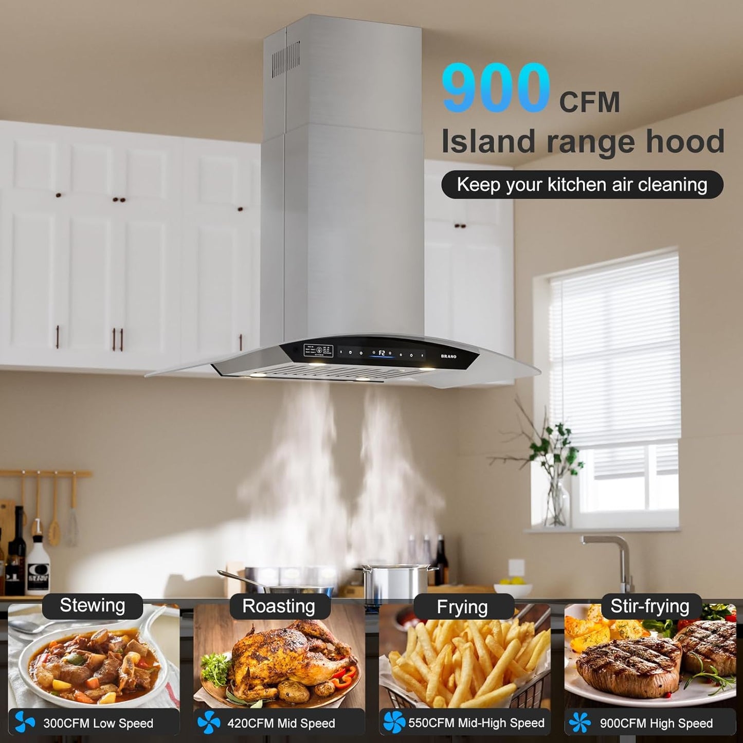 BRANO Island Range Hood Ducted/Ductless Convertible (SL22S-V36)