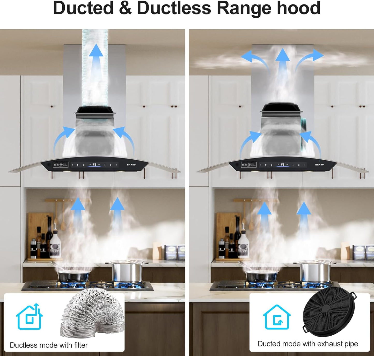 BRANO Island Range Hood Ducted/Ductless Convertible (SL22S-V36)