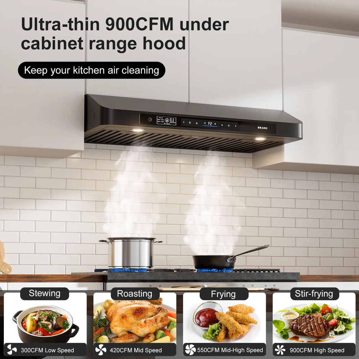 36 Inch Black Range Hoods Ducted With Stainless Steel (GXEA-197C-36-B) - Brano