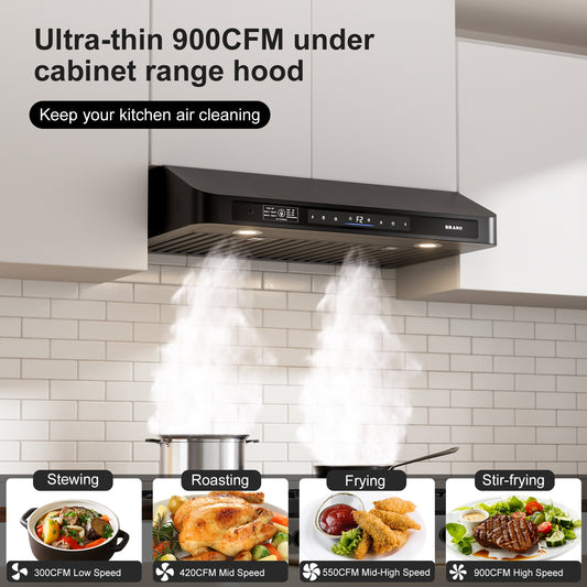BRANO Black Steel Under Cabinet Smart 900CFM Kitchen Hood (GXEA-197C-30/36-B)