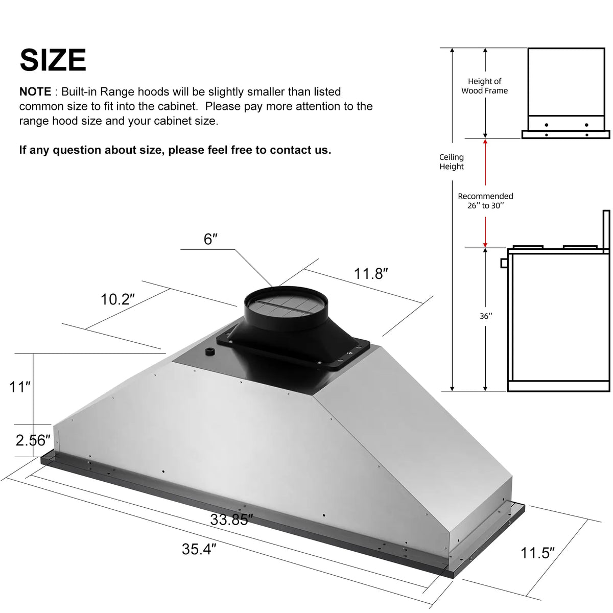 36 Inch Recirculating Stainless Steel Built In Range Hoods (QRED-115C-36-B) - Brano