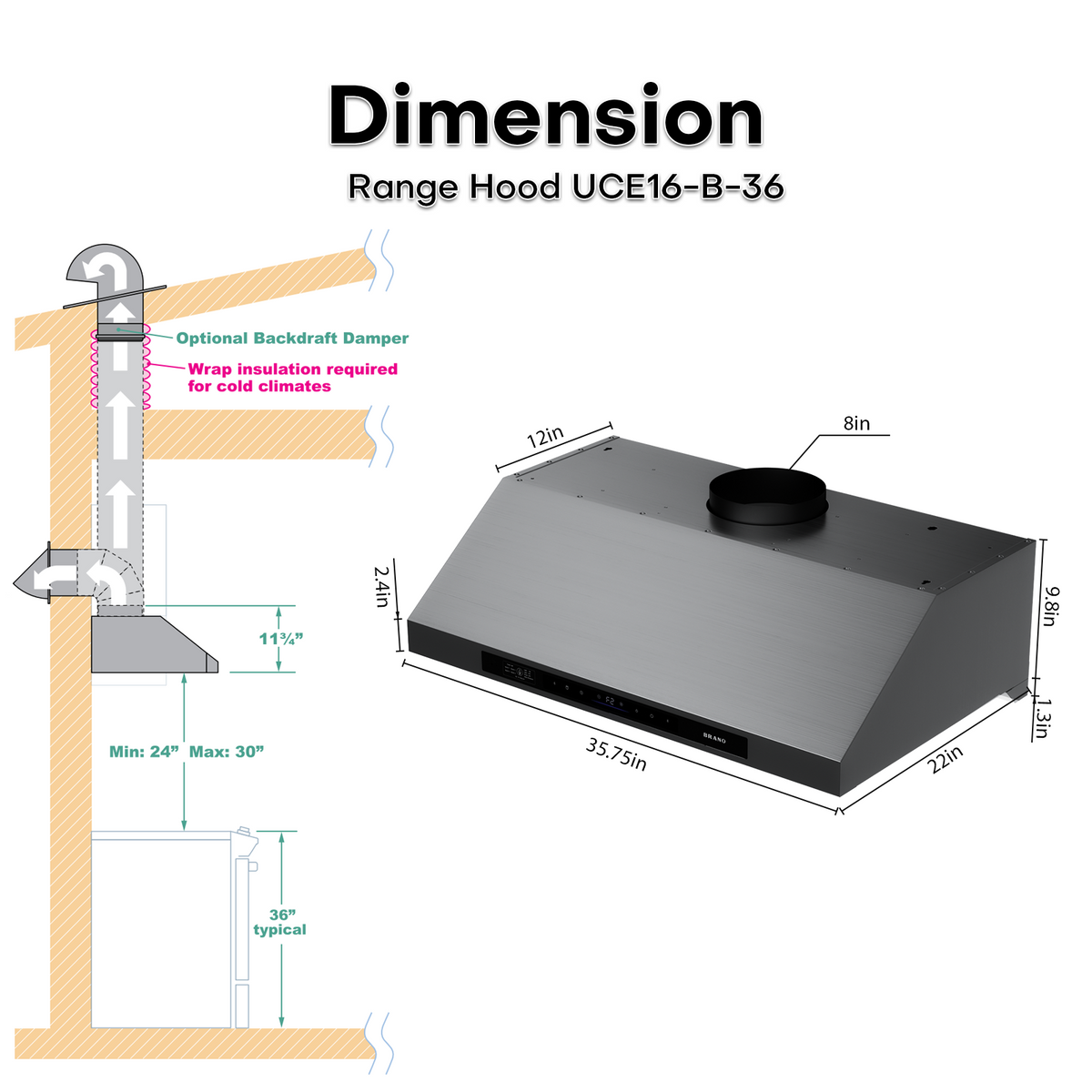 Titanium Plating DC Motor Under Cabinet Range Hood - UCE16-B