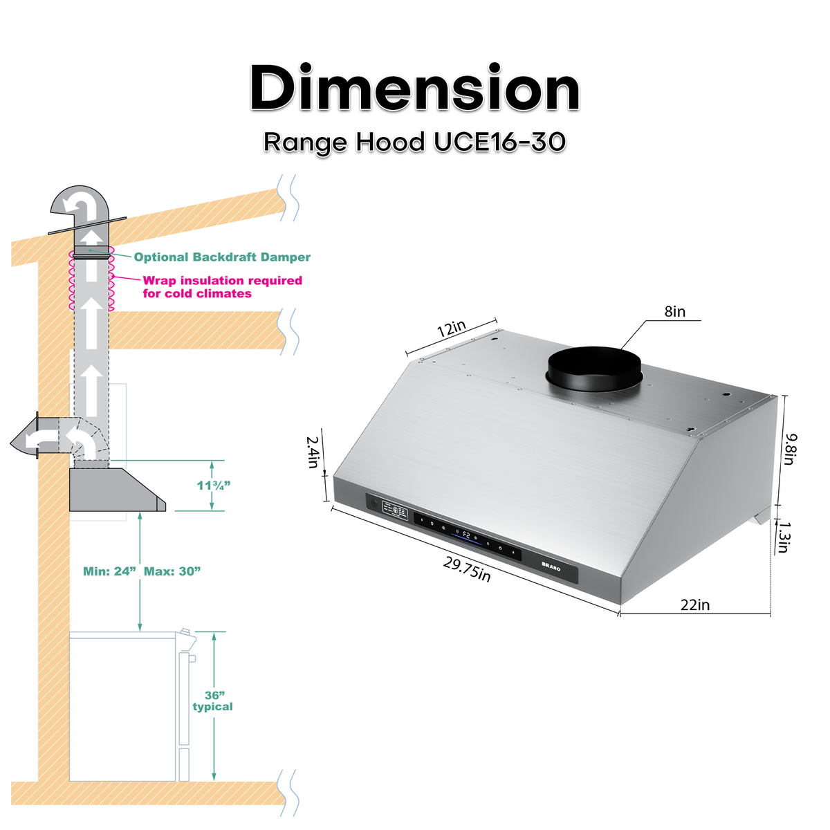 Ducted DC Motor Under Cabinet Range Hood - UCE16