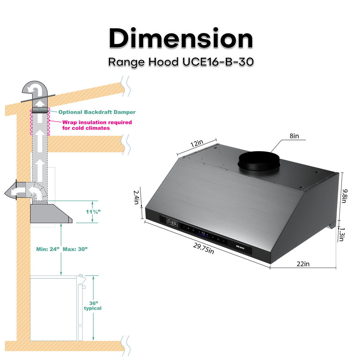 Titanium Plating DC Motor Under Cabinet Range Hood - UCE16-B