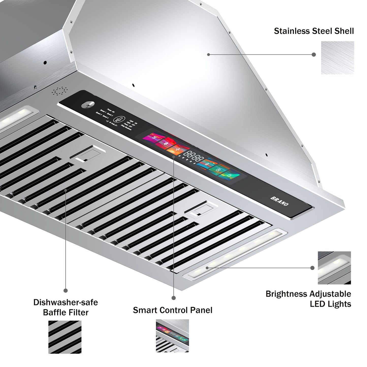 BRANO Ductless Built-in Range Hood Ventilation with Smart Controls (QRED-115C-30/36)