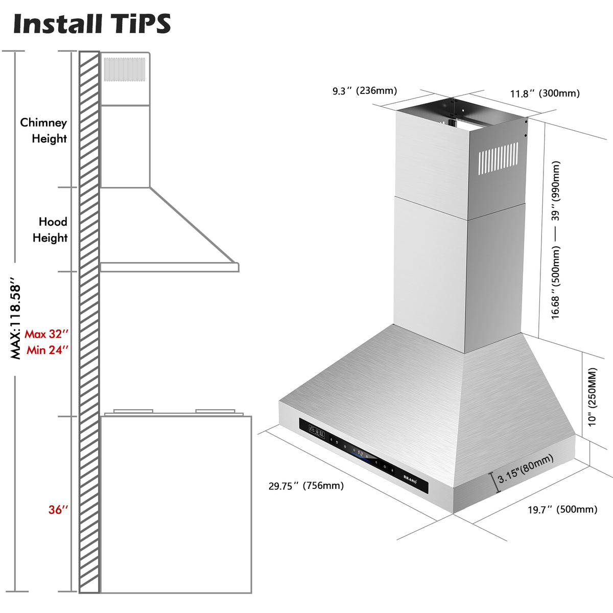 30 Inch Kitchen Ductless Range Hoods With Wall Mounted (TW04B-V30) - Brano