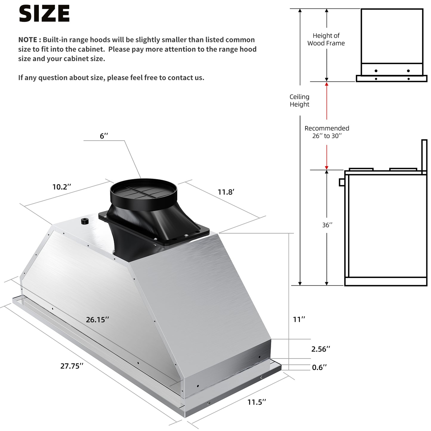 BRANO Ductless Built-in Range Hood Ventilation with Smart Controls (QRED-115C-30/36)