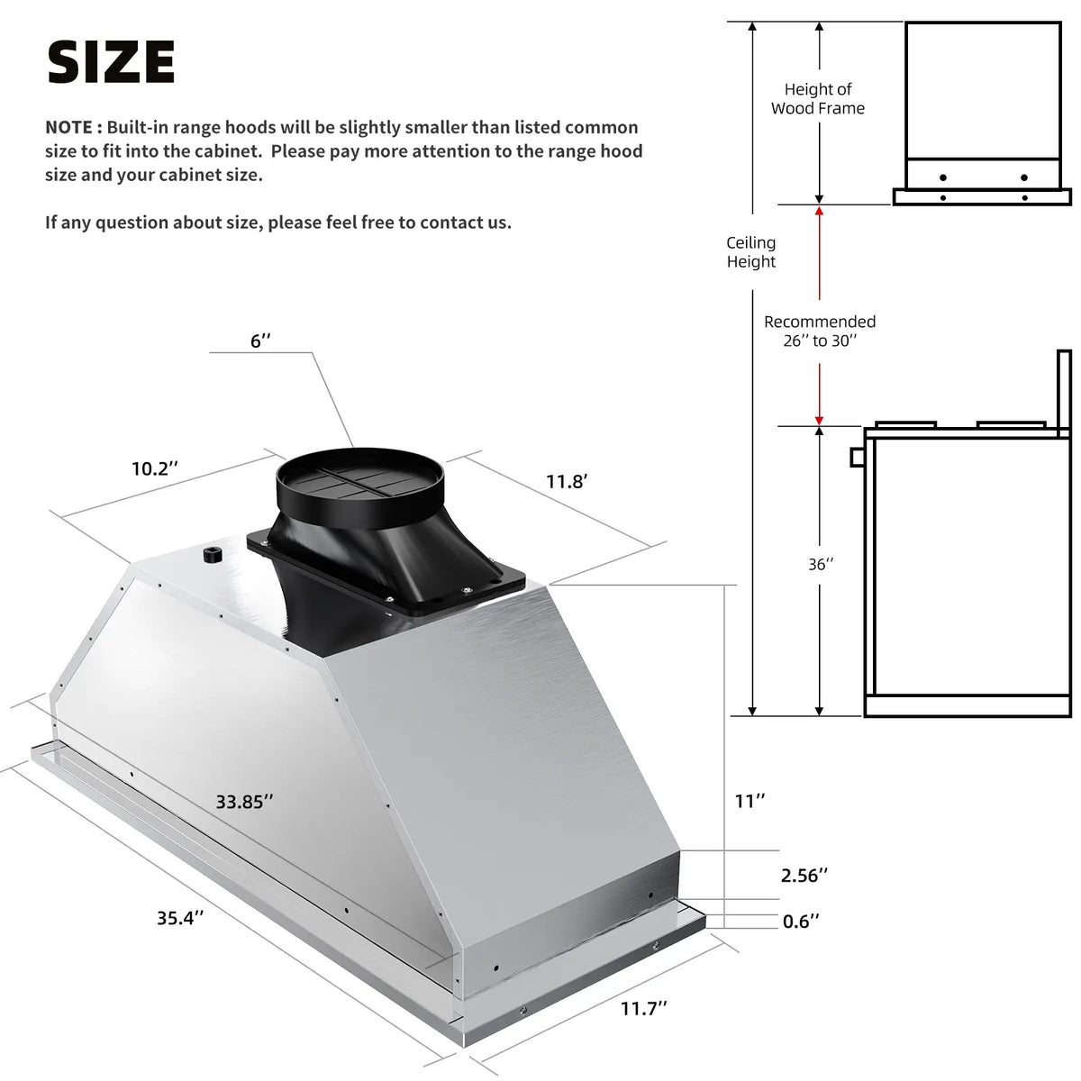 36 Inch Recessed Stove Range Hood With 900CFM (QRED-115C-36) - Brano