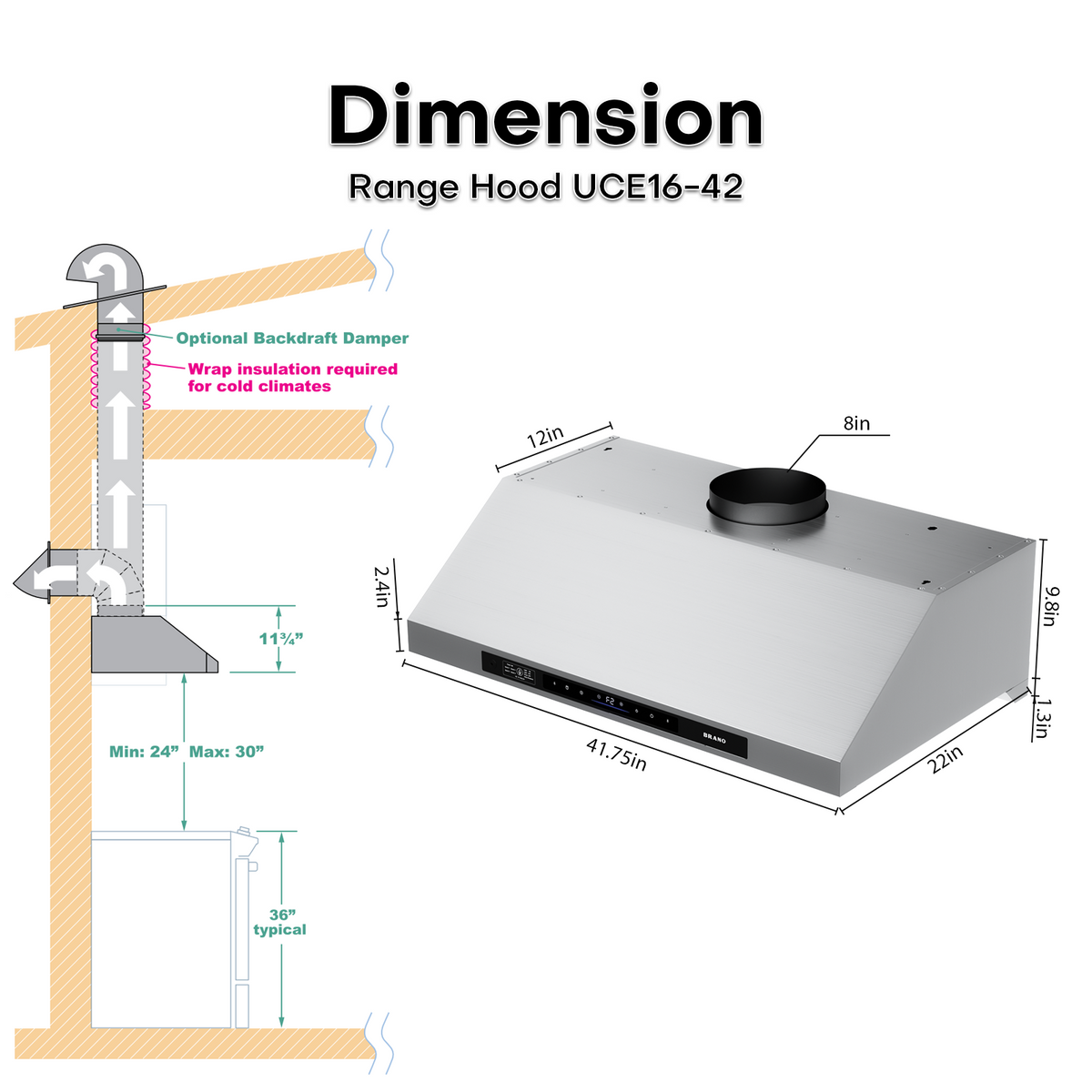 Ducted DC Motor Under Cabinet Range Hood - UCE16