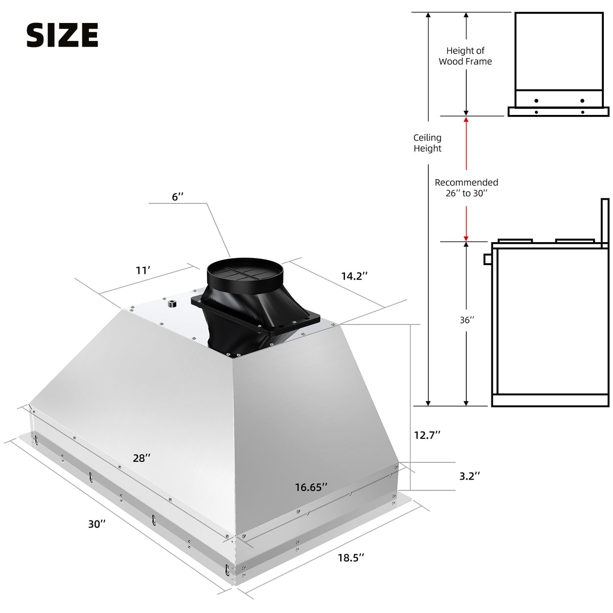 Insert Range Hoods - Size View