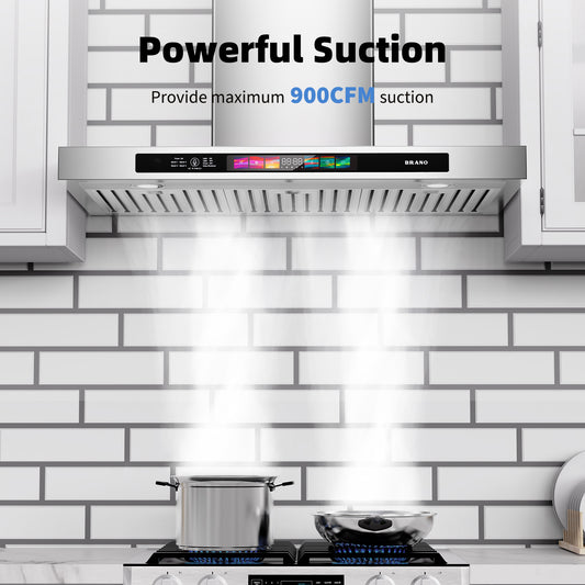 BRANO 30" Wall Mount 900 CFM with Voice/Gesture/Touch Ctrl Stainless-Steel Range Hood (TSG05S-V30/36)