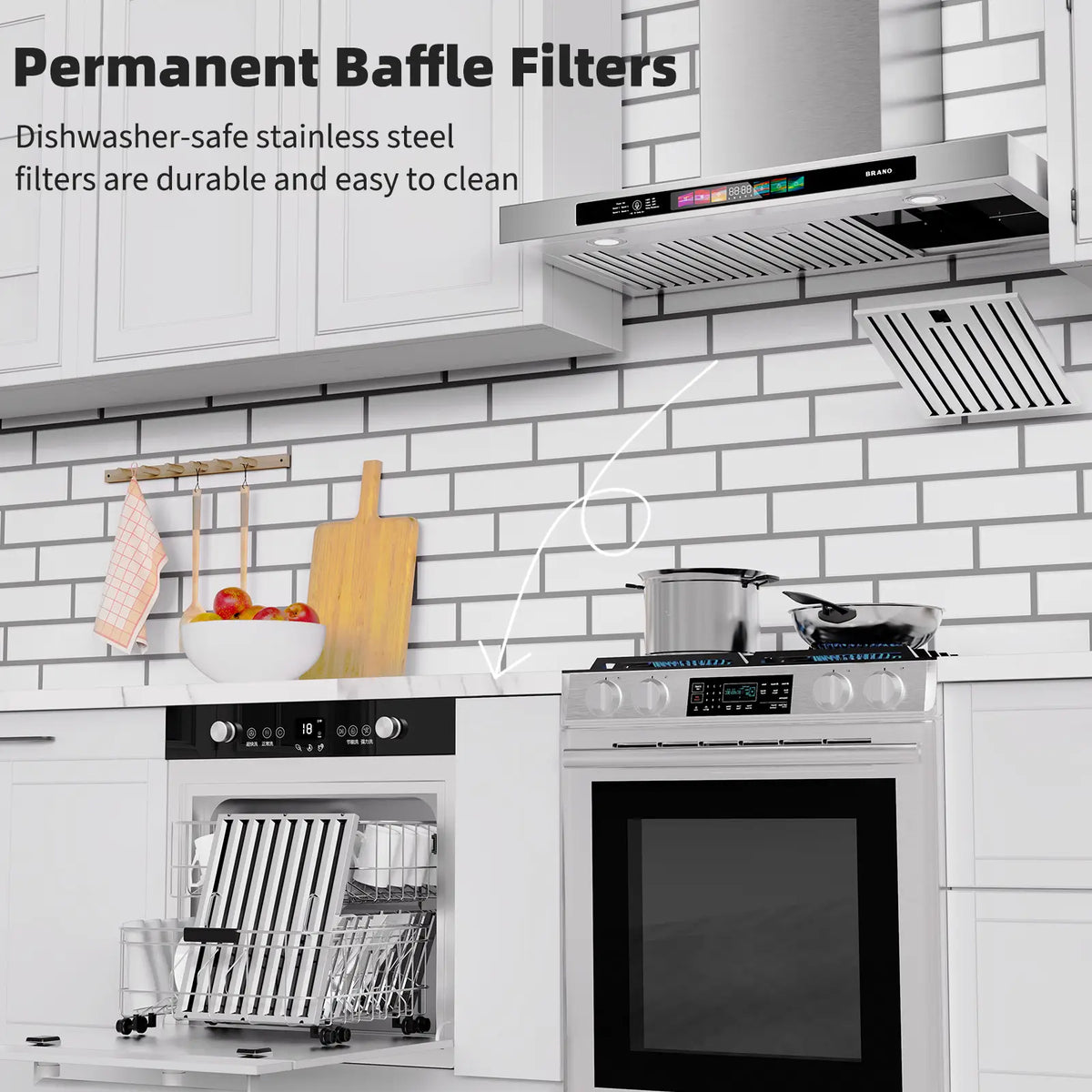 36 Inch Wall Mounted Range Hood Ducted With Stainless Steel  (TSG05S-V36) - Brano