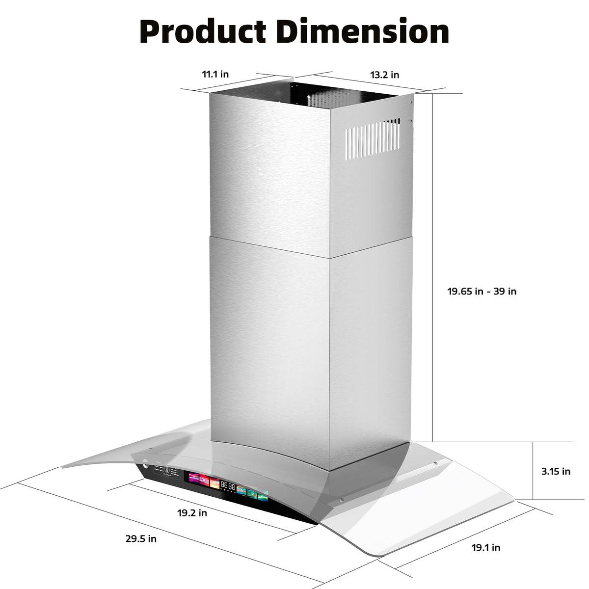 30 Inch Wall Mount Ducted Cooktop Vent Range Hood - Size View