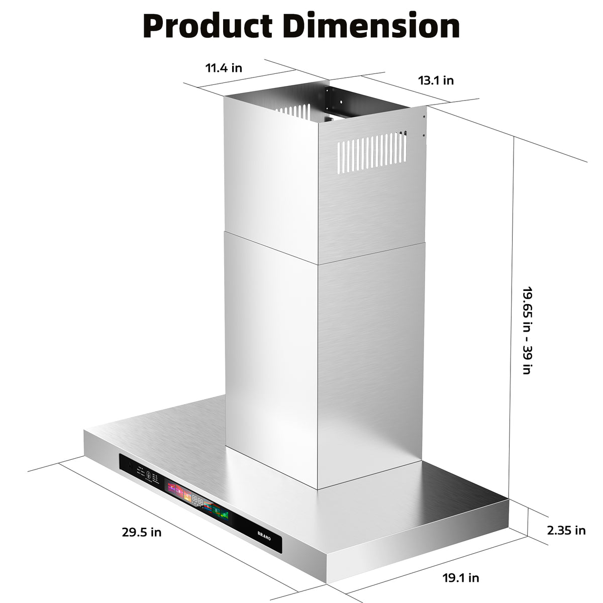 30 Inch Wall Mount Kitchen Range Hood Ducted - Size View