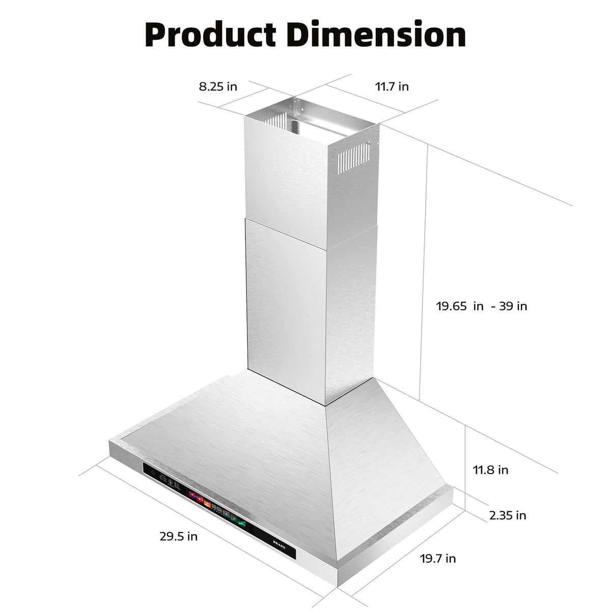 Wall Mount Range Hood  -  Product Dimension