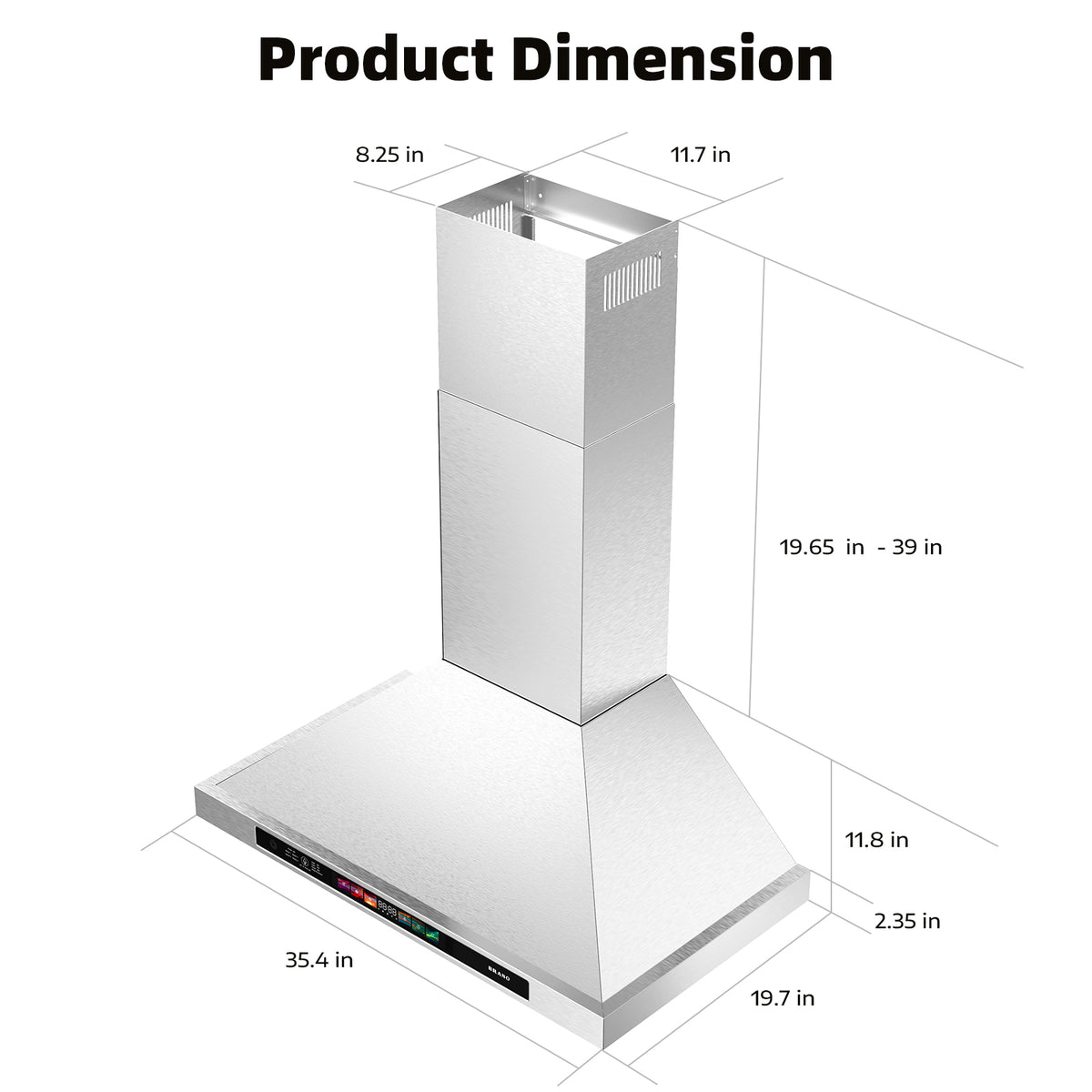 36 Inch Wall Mounted Kitchen Hood - Size View
